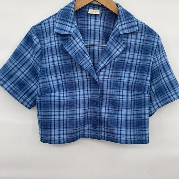 BRANDY MELVILLE Cropped Top Womens J. Galt Blue Plaid Short Sleeve Shirt‎ - Picture 1 of 4